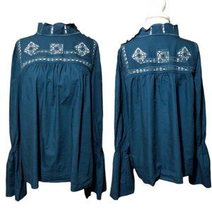Free People Women's Another Eternity Top Cerulean Blue Long Bell Sleeves Lace L